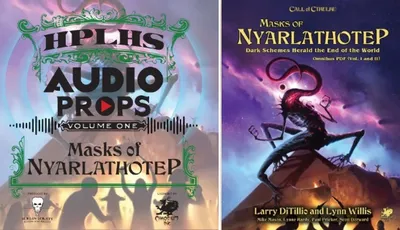 A vibrant graphic features the title "HPLHS AUDIO PROPS Volume One" prominently at the top, with a stylized design that includes sound wave motifs. Below, the cover art for "Masks of Nyarlathotep" showcases a dark, mysterious figure with tentacles, set against a colorful, surreal background. To the right, the book cover displays the title "Masks of Nyarlathotep" along with the names of the authors, emphasizing its connection to the Call of Cthulhu campaign.