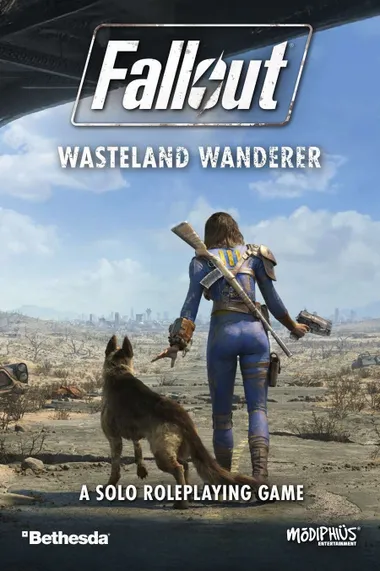 A lone vault dweller stands with their back to the viewer, gazing out over a desolate wasteland, accompanied by a dog. The character is dressed in a blue jumpsuit with a yellow stripe, equipped with a rifle slung across their back and a pistol in hand. In the background, a ruined cityscape is visible under a cloudy sky, emphasizing the post-apocalyptic setting. The text "A SOLO ROLEPLAYING GAME" is prominently displayed at the bottom.