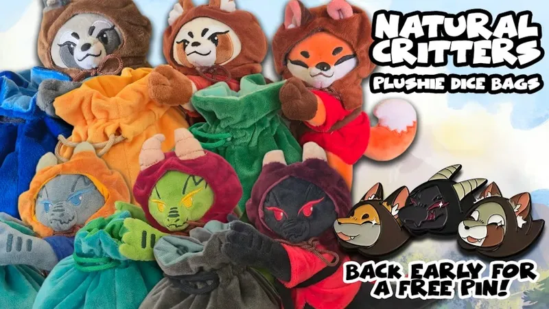 A collection of colorful plushie dice bags, designed to resemble various critters, is prominently displayed. The bags feature animal designs, including a red panda, fox, and other whimsical creatures, each with a drawstring closure. The text "NATURAL CRITTERS PLUSHIE DICE BAGS" is featured at the top, along with a promotional note encouraging early backing for a free pin.