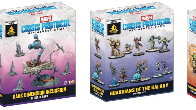 Box for Marvel Crisis Protocol Miniatures Game, Guardians of the Galaxy Starter Set. The packaging is predominantly purple with a clear plastic front displaying ten painted miniatures of characters in dynamic poses, each on a circular base. At the top, the text reads "MARVEL CRISIS PROTOCOL MINIATURES GAME" in blue and white. Below the miniatures, the text "GUARDIANS OF THE GALAXY STARTER SET" is in yellow and white. A small black label with "MCP65" and the Atomic Mass Games logo is visible in the upper left corner.