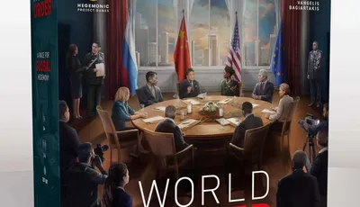 World Order board game box with leaders at a round table, flags, and city skyline through windows.