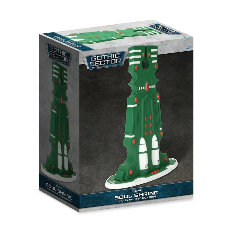 A box for the Eldar Soul Shrine from Gales Force Nine's Battlefield in a Box range, featuring a vibrant green building with fluid arches and sweeping curves. The design includes white and red details, enhancing its striking appearance. The box is labeled "Gothic Sector" and indicates that it contains one fully painted building.