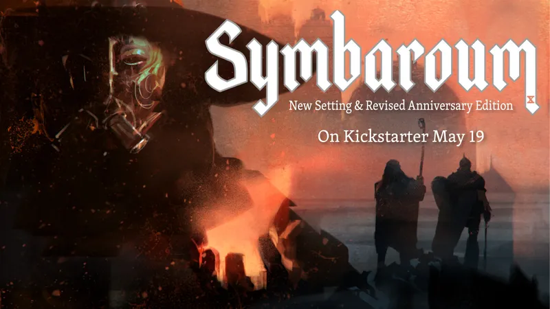 A dark and atmospheric illustration features a mysterious figure wearing a gas mask and a wide-brimmed hat, partially obscured by shadows. The background is filled with swirling dark colors and hints of glowing elements, creating an eerie ambiance that reflects the themes of the Symbaroum universe. The title "Symbaroum" is prominently displayed in bold, stylized lettering, accompanied by the word "New," suggesting an upcoming release or update.
