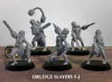 A collection of five Drudge Slayer miniatures stands on a wooden surface, each intricately designed with a mix of armor and weaponry. The figures feature various poses, showcasing unique details such as spiked weapons, chains, and mechanical elements, all rendered in a gray color. The text "DRUDGE SLAYERS F-J" is displayed prominently at the bottom of the image.
