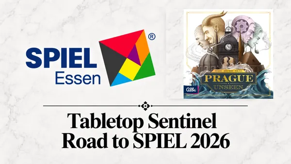 Cover art for Prague Unseen board game: stylized illustration of a clock tower on waves, two masked figures, and a steam-powered machine. Text reads "PRAGUE UNSEEN" and "ALBI" at bottom. Logo for SPIEL 2026 and "Road to SPIEL" banner above.