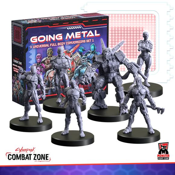 A set of six cyborg miniatures from Monster Fight Club's "Going Metal" collection, designed for the Cyberpunk Combat Zone game, is displayed in the foreground. Each miniature features a unique design, showcasing various cybernetic enhancements, and stands on circular black bases. Behind them, the packaging for the set is visible, featuring vibrant artwork and the title "GOING METAL" prominently displayed.