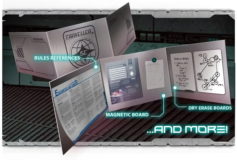 A magnetic referee screen is displayed, featuring a sleek design with the "Traveller 5E" logo prominently on the left. The screen includes various boards: a magnetic board with a circular diagram, a dry erase board with session notes and sketches, and another dry erase board showing a network-like diagram. The background suggests a sci-fi setting with metallic textures and dim lighting, enhancing the futuristic theme of the game.