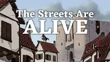 Medieval street with people, horse, and buildings. Text: A Fantasy City Street Generator
