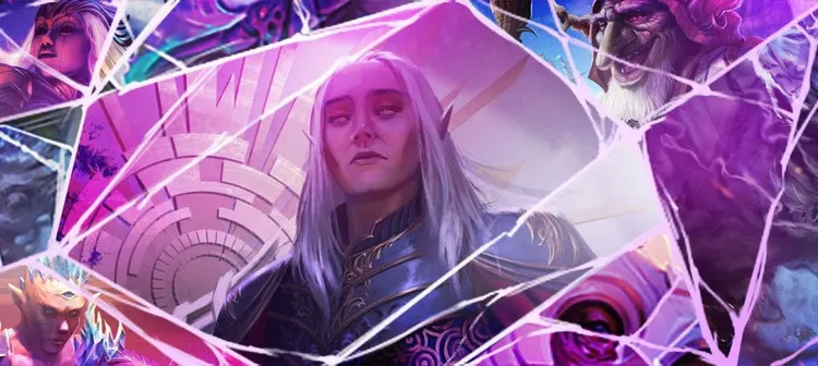 A striking fantasy illustration features a character with long, silver hair and piercing eyes, dressed in ornate armor, set against a vibrant, abstract background of purples and blues. The character is framed by a shattered glass effect, which adds a dynamic element to the composition. Surrounding this central figure are hints of other fantastical characters and elements, enhancing the immersive feel of the artwork.