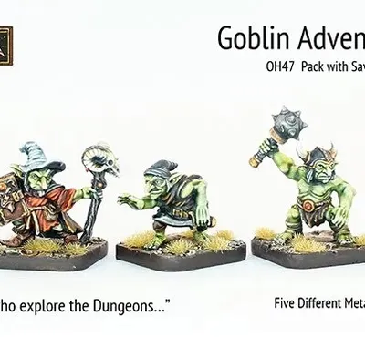 A set of five 28mm scale metal miniatures titled "Goblin Adventurers" features a diverse group of goblins ready for adventure. The characters include a Paladin wielding a shield and sword, a Wizard with a staff, a Thief holding a dagger, a Barbarian with an axe, and a Bard strumming a lute, all displayed on a grassy base. The text highlights that "It is not only Men who explore the Dungeons..." emphasizing the unique theme of this miniature range.