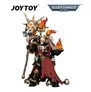 A skeletal figure in ornate black and red armor with a tattered cape, holding a flaming object in one hand and a large staff topped with a skull and burning wheel in the other. The background is white. In the top left corner, the text "JOYTOY" is visible. In the top right corner, the text "WARHAMMER 40,000" is visible.