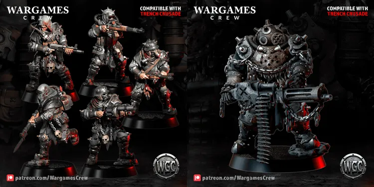 A collection of four distinct miniatures from the Wargames Crew's Weird War I series is displayed, showcasing a gritty, post-apocalyptic aesthetic. Each figure is heavily armed, featuring a mix of tattered uniforms, gas masks, and spiked armor, with details like chains and skulls adding to their menacing appearance. The miniatures are set against a dark background, emphasizing their intricate designs and compatibility with the Trench Crusade game.