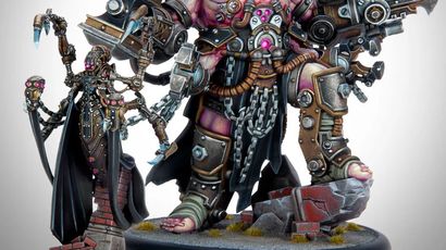 Exulon Nostilla, a Cephalyx psychic, stands on the left, adorned in dark robes with intricate mechanical details and glowing pink accents. Beside her is Aberration, a large, muscular monstrosity equipped with various mechanical enhancements and weapons, showcasing a mix of flesh and metal. Both figures are set against a neutral background, with the "WARMACHINE" logo prominently displayed at the top.