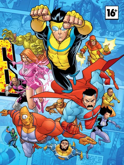 Large, bold, yellow and black splattered letters spelling "INVINCIBLE" dominate the top left. Below it, black text reads "HERO ROLEPLAYING" in a similar style. In the top left corner, smaller white text says "FREE LEAGUE."

On the right side, a group of stylized cartoon superheroes in colorful costumes are in mid-action. One blonde male in a yellow and blue suit appears to be flying or leaping forward with fists raised. A muscular male in an orange and blue suit with a smirk is also airborne. A female with pink hair in a purple and pink outfit is crouched, holding her hands out with energy effects. Another male in a green and purple outfit is in the background, mid-motion. Several speech bubbles contain text: one near the blonde male reads, "I KILLED YOU ONCE! I CAN DO IT AGAIN!!", another near the pink-haired female reads, "GOT HIM! GUYS THIS IS NO EXPERT!", and a third near the orange-suited male says, "HEY...HEY!" The background features a cityscape with
