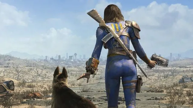 A lone vault dweller stands with their back to the viewer, gazing out over a desolate wasteland, accompanied by a dog. The character is dressed in a blue jumpsuit with a yellow stripe, equipped with a rifle slung across their back and a pistol in hand. In the background, a ruined cityscape is visible under a cloudy sky, emphasizing the post-apocalyptic setting. The text "A SOLO ROLEPLAYING GAME" is prominently displayed at the bottom.