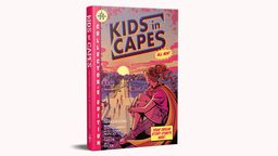A vibrant book cover for "Kids in Capes" features a young girl with a ponytail, wearing a red cape and a pink shirt, sitting on a sidewalk. The background depicts a suburban neighborhood with houses and trees under a sunset sky. The title "KIDS in CAPES" is prominently displayed in bold, colorful letters, along with the text "COLLECTOR'S EDITION" and "YOUR ORIGIN STORY STARTS HERE!" in bright yellow.