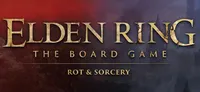 The image features the title "ELDEN RING: THE BOARD GAME" prominently displayed in a bold, metallic font, with the subtitle "ROT & SORCERY" beneath it. The background transitions from deep red to dark purple, evoking a sense of mystery and decay, while subtle textures suggest a fantastical landscape. The overall design reflects the themes of the Elden Ring universe, hinting at adventure and exploration.