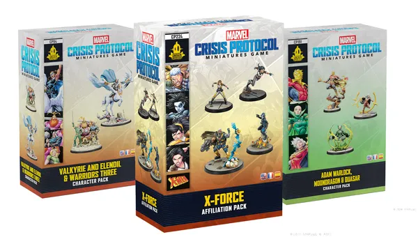 Three boxes of the "Marvel Crisis Protocol Miniatures Game" are displayed. The central box features the "X-Force Affiliation Pack," showcasing miniatures of characters like Cable and Domino, with vibrant colors and dynamic poses. The other two boxes on either side include "Adam Warlock & Moondragon" and "X-23," each adorned with artwork of their respective characters and game branding.
