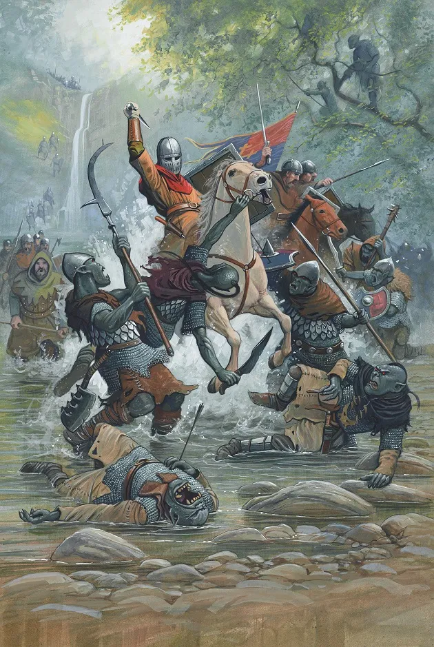 A mounted warrior in orange and red armor raises a sword while riding a white horse, charging through a shallow, rocky river. Surrounding him are armored soldiers, some on horseback and others on foot, engaged in combat with humanoid creatures wearing dark, tattered clothing and wielding spears and swords. In the background, a waterfall cascades, and additional soldiers and banners are visible among trees. The scene depicts a chaotic battle in a forested, rocky setting.