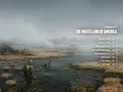 A lone figure in a hooded cloak stands in shallow water, accompanied by a dog, as they navigate a desolate, marshy landscape. The background features a muted, overcast sky with hints of fog, while the foreground showcases patches of grass and water reflecting the somber atmosphere. The text "Chapter 2: THE WASTELAND OF AMERICA" is prominently displayed at the top, along with a list of subtopics related to the chapter.