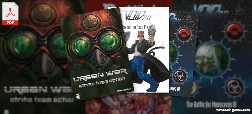 The image features several tabletop gaming rulebooks stacked together. The prominent cover in the foreground displays "Urban War: Strike Team Action" with a striking design featuring a gas mask and bold text. Behind it, two VOID rulebooks are visible: one titled "VOID 2.0: Assault on Juzo Precinct," showcasing a character with a gun, and another titled "VOID 2.0: The Battle for Monoceros III," featuring a stylized planet and graphic elements. The overall color scheme includes dark tones with vibrant accents, emphasizing the sci-fi theme.