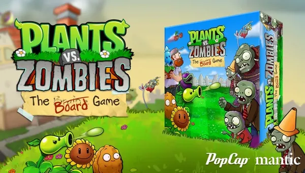 The image features the logo and box art for "Plants vs. Zombies: The Board Game." The logo is prominently displayed in bold green and red letters, with playful plant and zombie illustrations surrounding it. The box art showcases various iconic characters from the franchise, including a Peashooter and a zombie, set against a colorful garden backdrop. The branding includes the names "PopCap" and "Mantic" at the bottom.
