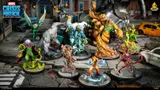 A dynamic scene features a group of iconic Spider-Man villains from the Marvel: Crisis Protocol game, set against a detailed urban backdrop. Prominent figures include Mysterio in a green and purple costume, the hulking Lizard, and Kraven the Hunter, all depicted in vibrant colors and intricate miniature detail. The setting includes a damaged street with a vehicle and a warning sign that reads "DANGER DO NOT ENTER THE ANIMALS," enhancing the dramatic atmosphere.