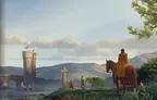A person in medieval armor rides a brown horse, draped in a red-orange cloak, facing a distant landscape. Nearby, another person in green and gold armor leads a cow. A stone cross stands left of center. Rolling hills and a partly cloudy sky fill the background.