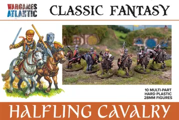 A vibrant illustration features a group of halfling cavalry figures, each mounted on horses and equipped with various weapons such as swords and lances. The left side displays a colorful, hand-drawn depiction of halfling knights, while the right side shows detailed painted models in a natural setting with grassy terrain and small buildings in the background. The text "CLASSIC FANTASY HALFLING CAVALRY" is prominently featured, along with specifications about the set.