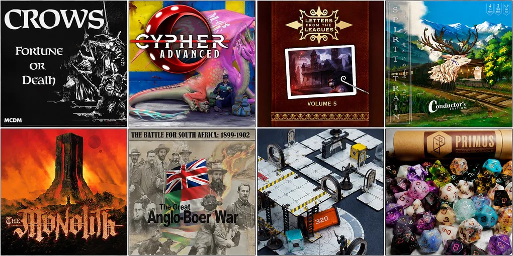 Four tabletop game covers: Cypher Advanced, Letters from the Leagues Volume 5, The Battle for South Africa, and a sci-fi board.