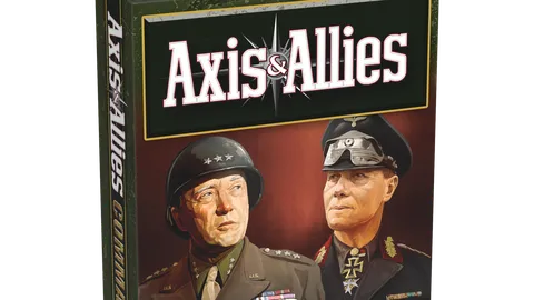 A box for "Axis & Allies: Commanders" features a striking illustration of two historical military leaders. On the left, a U.S. General in a uniform adorned with medals and a helmet, and on the right, a German Field Marshal in a dark uniform with distinctive insignia. The title "Axis & Allies" is prominently displayed at the top, with "COMMANDERS" in bold gold letters at the bottom, and a small age recommendation of "14+" in the lower corner. The background is a gradient of warm colors, enhancing the dramatic presentation.