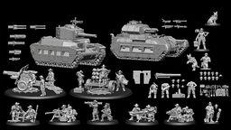 A collection of grey 3D-printed miniatures showcases various elements from the Space Aussies 2: Mechanised Kangaroo Kickstarter. Prominent features include two armoured tanks, a cannon with crew, and multiple infantry figures in dynamic poses, all wearing boonie hats. Additional components such as weapon accessories, alternative turrets, and various tools are also displayed, set against a black background.
