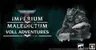 A detailed illustration features a grim-looking character with a stern expression, wearing ornate armor and a large shoulder pad, seated at a desk with a scroll in hand. The background is a dark, textured teal, enhancing the ominous atmosphere. The title "Imperium Maledictum Adventures" is prominently displayed in bold, white lettering, with the Warhammer 40,000 logo positioned at the top left corner.