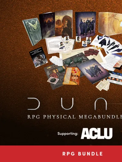 A collection of items from the Dune RPG Physical Megabundle is displayed against a textured brown background. The assortment includes various books, game components, and promotional materials, prominently featuring the Dune logo and the text "Supporting: ACLU." The items are arranged in a visually appealing manner, showcasing the core rulebook, adventure modules, and other game accessories.