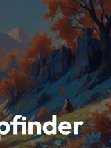 A serene landscape features majestic mountains in the background, adorned with autumn foliage in shades of orange and red. In the foreground, a figure sits on a rocky outcrop, gazing at the scenery, which includes a winding path and patches of snow. The text "KVEST Groupfinder" is prominently displayed at the bottom, emphasizing the platform's focus on connecting tabletop RPG players and game masters.