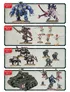 Three rectangular display trays, each bordered in black with corner rivet details, showcase painted miniature figurines for a tabletop game.

Top tray: Four blue robotic miniatures with mechanical limbs and weapons stand on round bases. One has the visible marking "VI" on its shoulder.

Second tray (labeled "PREMIUM KIT 2" in red text on a white label):
- A large, winged creature with a skeletal face, horns, and a spiked tail stands on a round base, holding a scythe-like weapon.
- Three smaller humanoid figures in ornate armor, each holding a staff or spear, stand on round bases. One has a red helmet, another a white helmet with a green plume, and the third has a green helmet.

Third tray (labeled "PREMIUM KIT 3" in red text on a white label):
- Five mechanical, humanoid miniatures with heavy armor and weapons, including guns and blades, stand on round bases.

Bottom tray (labeled "PREMIUM KIT 4" in red text on a white label):
- A green tank-like vehicle with a turret and mounted weapons.
- Two