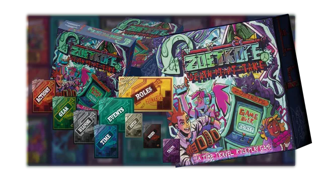 An image featuring the game box for ZOETROPE, as well as the variety of multi-colored cardbacks for all the types of cards present in the game.