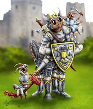 A whimsical illustration features a large, anthropomorphic creature resembling a knight, complete with armor and a crown, holding a shield adorned with a castle emblem. Perched on its shoulder is a smaller creature dressed in blue, while a tiny dragon-like figure stands beside them, also in armor. The background showcases a blurred castle and green grass, creating a playful and fantastical atmosphere.