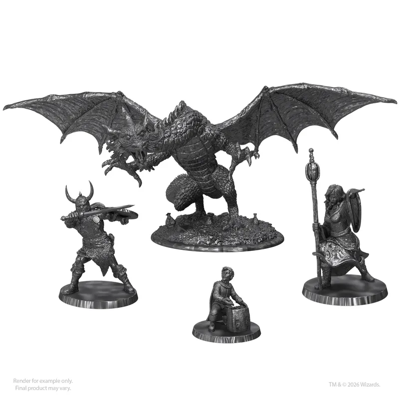 Gray metal miniatures: dragon, warrior, mage, thief on bases.
