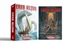 Two books titled "Ereb Altor" are displayed side by side. On the left, "The Copper Sea" features an illustration of a large sea serpent alongside a sailing ship, with waves crashing around them. On the right, the "Ereb Altor Setting Guide" showcases a dramatic scene of a knight in armor confronting skeletal figures, with a stained glass window depicting a saint in the background. Both covers prominently feature the title "Ereb Altor" in bold red letters.
