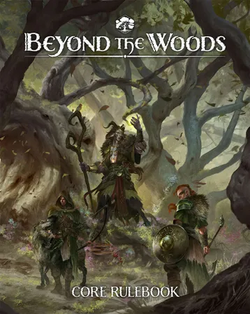 "Beyond the Woods" text above a forest scene with three figures: one with antlers, one with a staff, one with a shield.