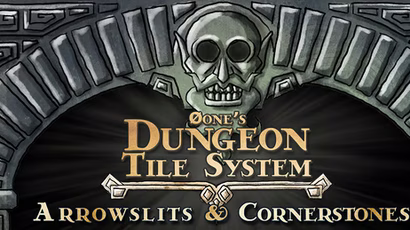 Dungeon Tile System - Arrowslits & Cornerstones logo showing a skull as the keystone in a dwarven stone archway.