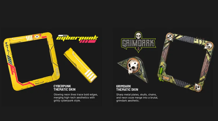 A vibrant graphic showcases two thematic skins for the BuildONYX display case. On the left, the 