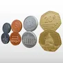 Coins with landmarks: US Capitol, Brandenburg Gate, St. Basil's, and a Chinese temple, and values 5R, 10R, 20R.