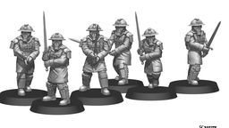 A group of four 28mm scale miniatures, known as Trench Raiders, are depicted in a grayscale design. Each figure is wearing a Brodie helmet with an integrated gas mask and is dressed in long coats, showcasing a variety of poses. They are armed with different weapons, including a sword and a firearm, and stand on circular bases, emphasizing their versatility for various gaming scenarios.