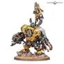 Yellow armored Ork figure with banner, standing on rocky base.