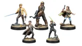 A collection of six detailed miniatures from the Star Wars universe, featuring iconic characters. On the left, a young Luke Skywalker in a tan jacket holds a blaster, followed by Han Solo in a brown coat with a blaster drawn. In the center, Chewbacca stands tall with a crossbow, while another Luke Skywalker, this time in black attire, wields a green lightsaber. To the right, a figure resembling a Jedi stands on a rocky base, completing the ensemble. Each character is intricately painted and posed, showcasing their unique attributes.