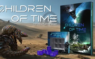 Children of Time: The Roleplaying Game, book covers, dice, and a desert scene with a creature and a dome.