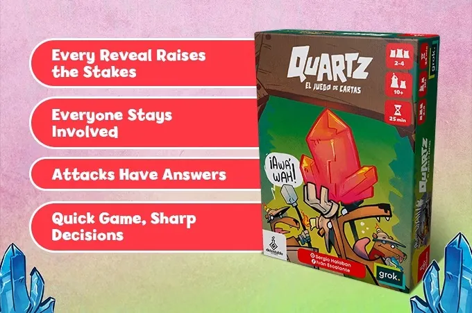 Quartz card game box with cartoon miners and a red crystal, text "Quartz El Juego de Cartas"