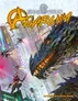 Cyberpunk cityscape with neon-lit skyscrapers. Giant dragon-like creature emerging from ruins, glowing red eyes and fiery breath. Four small flying drones in mid-air. Text reads: "Shadowrun Anarchy 2.0" with logo and "2.0" in corner.